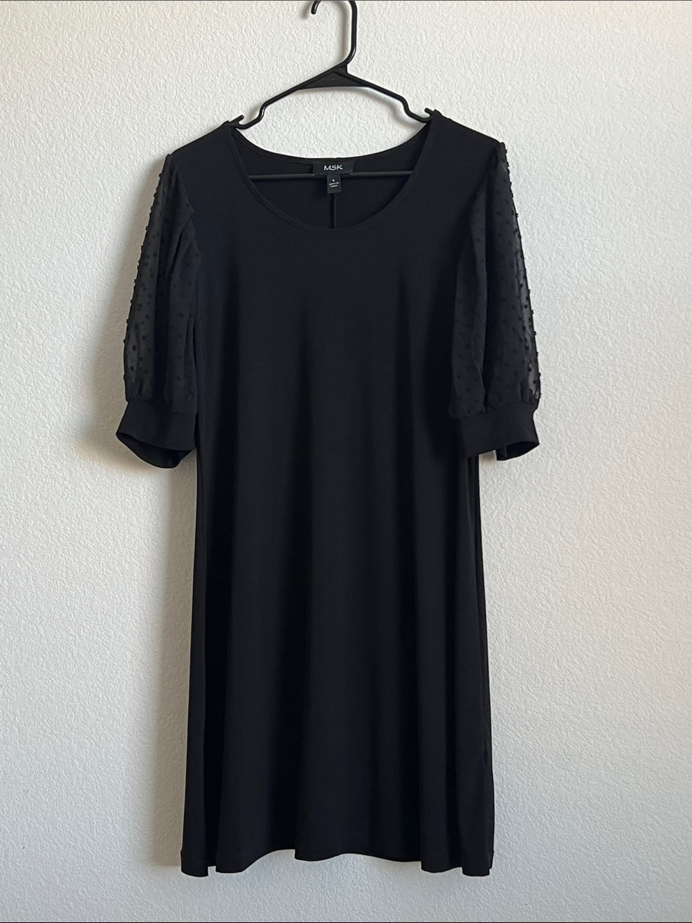 Black Midi Shift Dress with Sheer Swiss Dot Sleeves, evening, date night, career